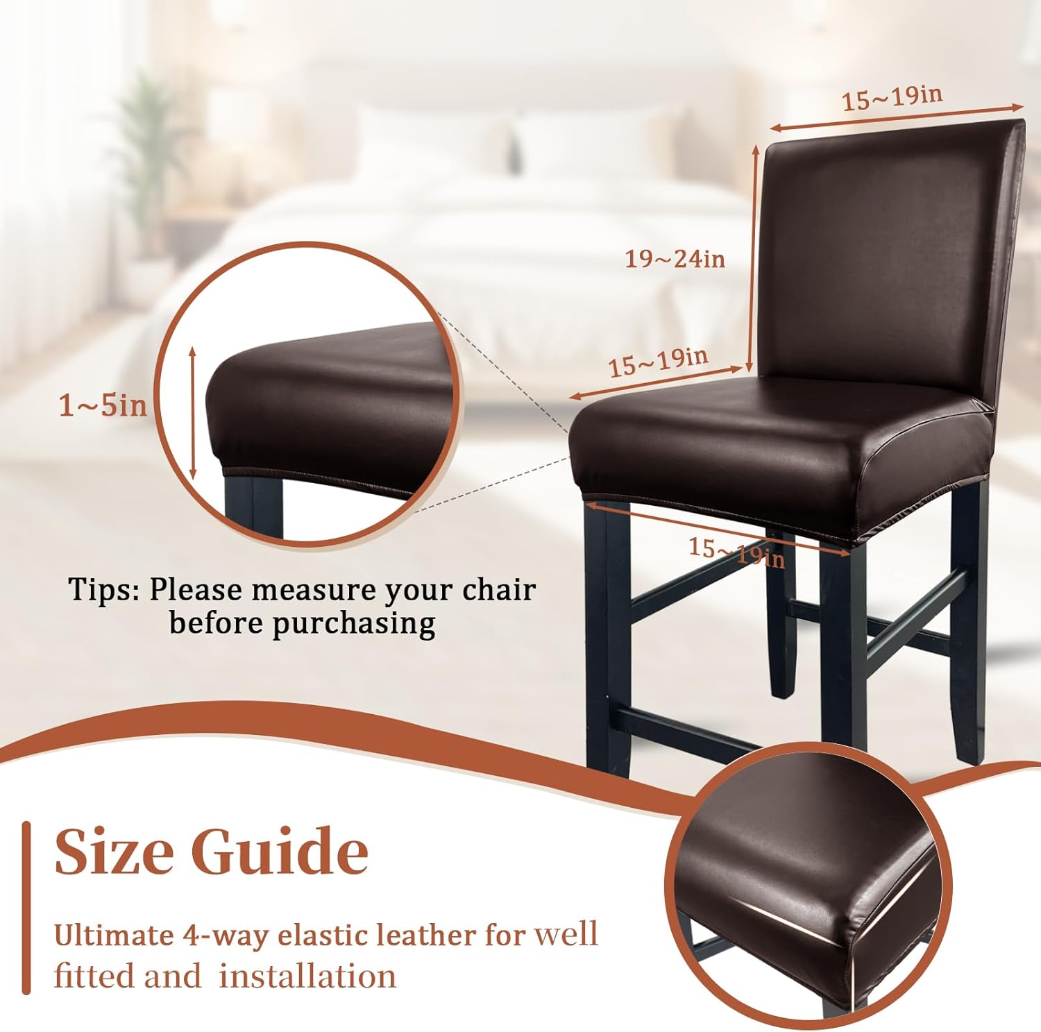 PU Leather Bar Stool Covers with Backs, Waterproof Bar Stool Chair Covers Washable & Wipeable High Back Barstool Slipcovers Chair Protctor for Pub, Counter, Cafe, Dining Room (PU Dark Brown, 6 Pack)