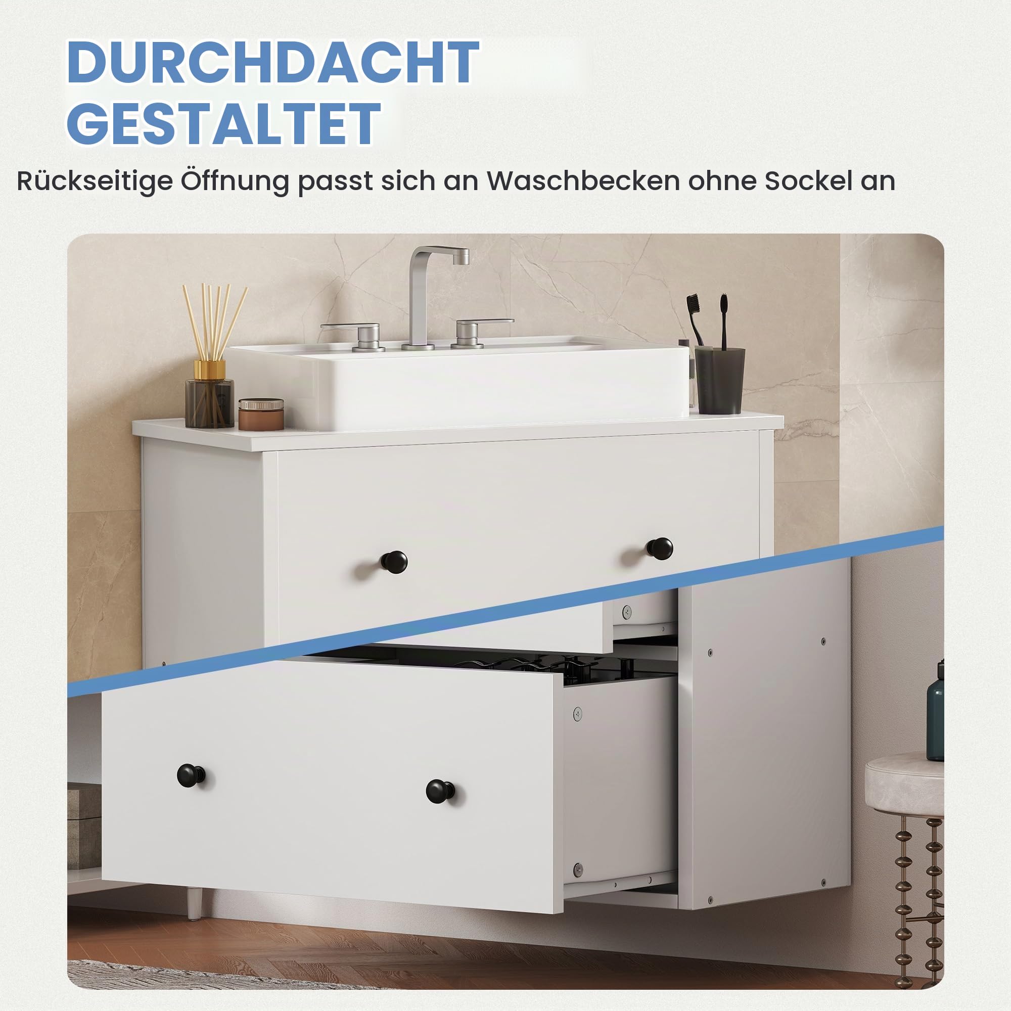 YITAHOME Waschbeckenunterschrank wandmontage, Badezimmerschrank, 2 große Schubladen, 60 x 30 x 50 cm, wall-Mounted Bathroom Vanity Cabinet, weiß