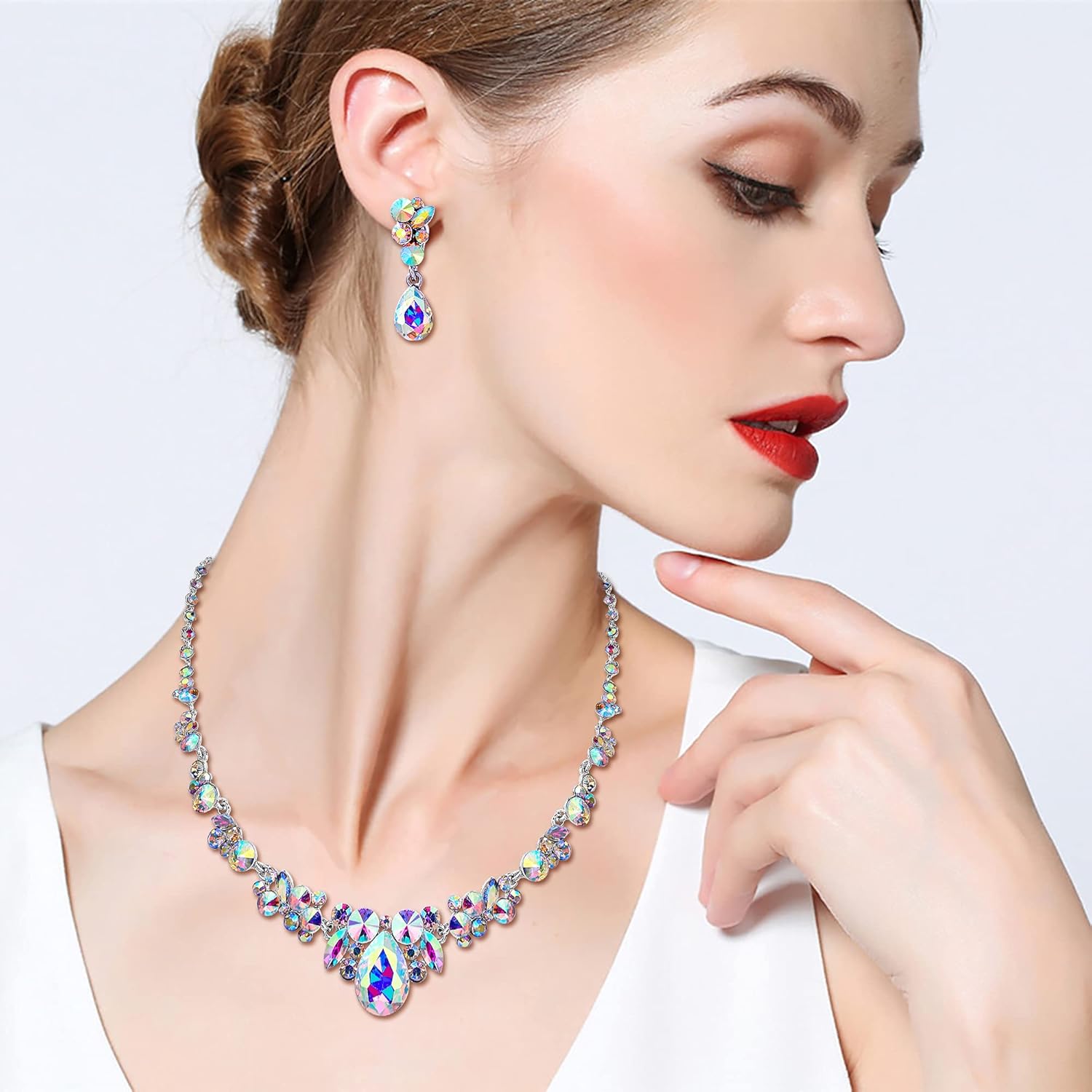 EVER FAITH Rhinestone Crystal Elegant Bridal Floral Teardrop Necklace Earrings Set - Image 3