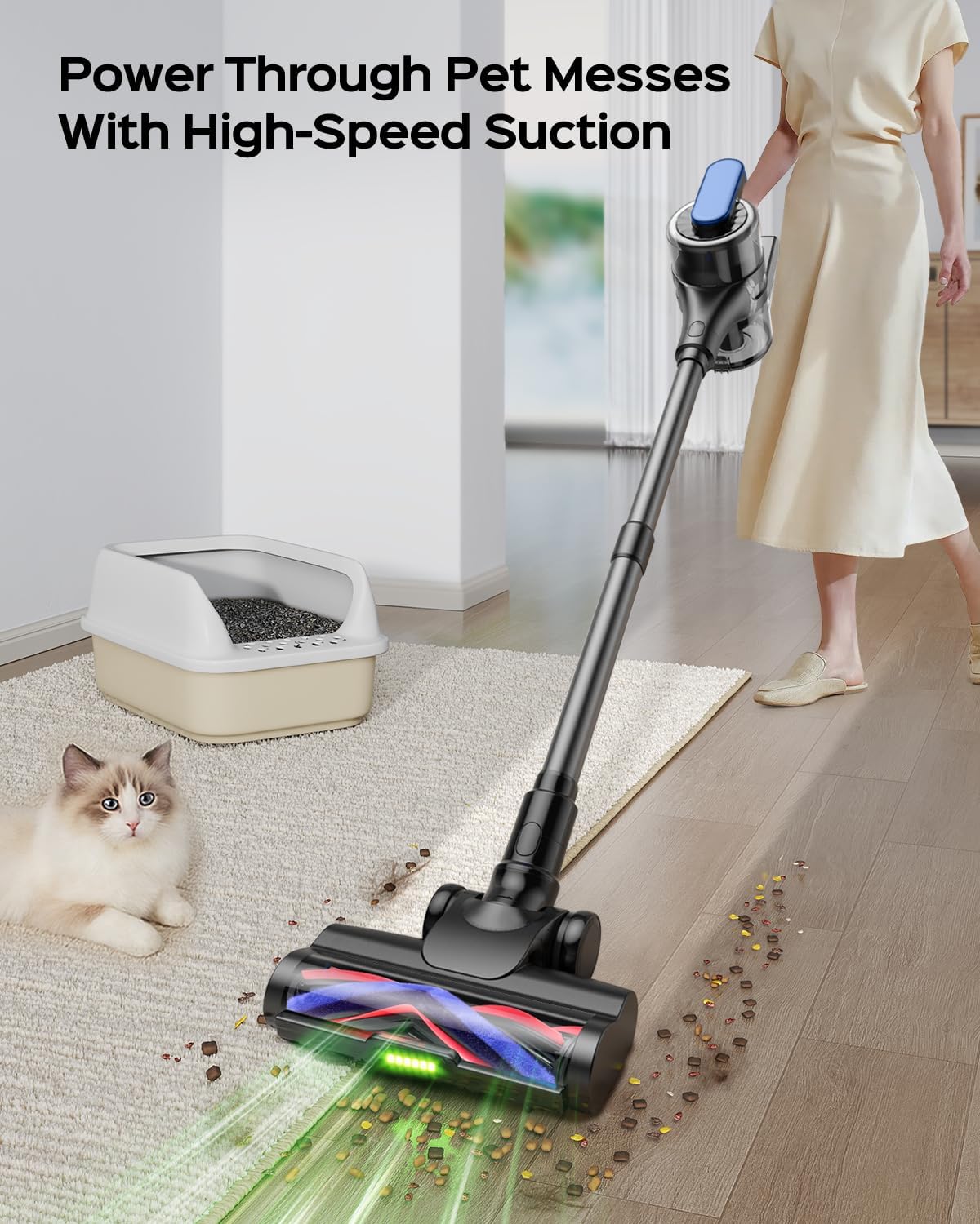 Cordless Stick Vacuum Cleaner – 3-in-1 Brush Roll for Hard Floors and Carpets, 55 Min Runtime Rechargeable Lightweight Vacuum with Green LED Headlight for Pet Hair and Dust Cleaning