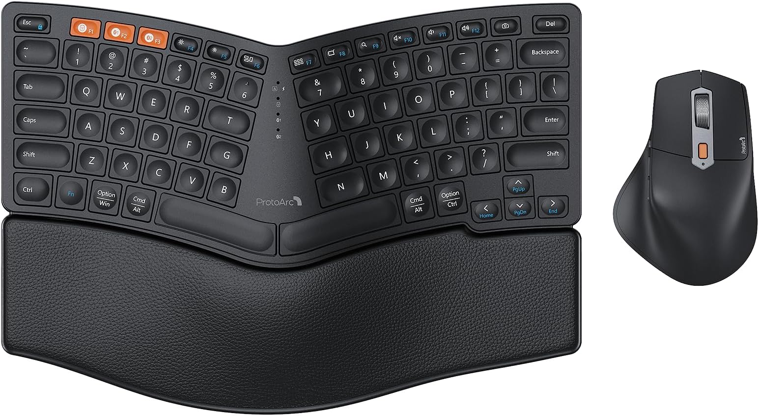 Wireless Ergonomic Keyboard and Mouse, EKM04 Mini Compact Ergo Bluetooth Keyboard Mouse, Split Design, Wrist Rest, Multi-Device, Rechargeable, for Windows/Mac - Black