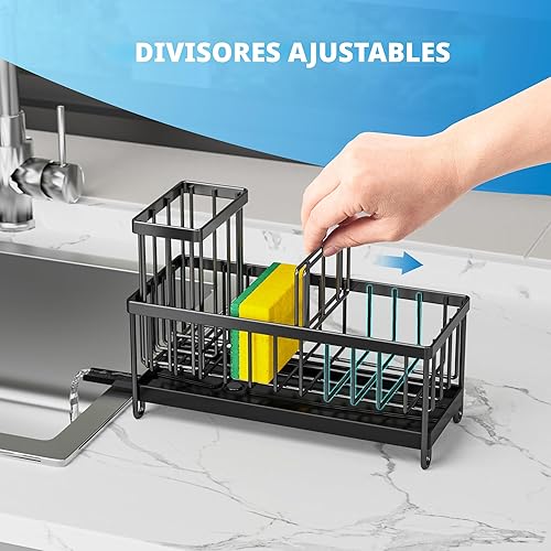 Miniatura 4 de Cisily Soporte de esponja negro para fregadero de cocina, organizador de caddy de fregadero con soporte alto para cepillo, organizadores de encimera