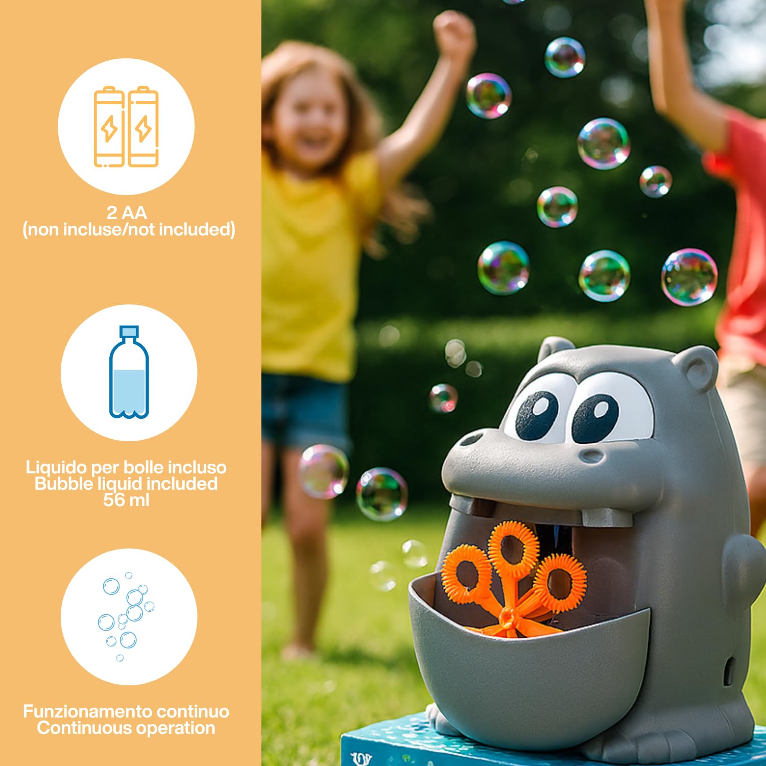 BEPER Máquina de Burbujas para Niños – Forma de Animal (Hipopótamo o Rana) – Funcionamiento Continuo – 56 ml de Líquido Incluido, Pilas No Incluidas