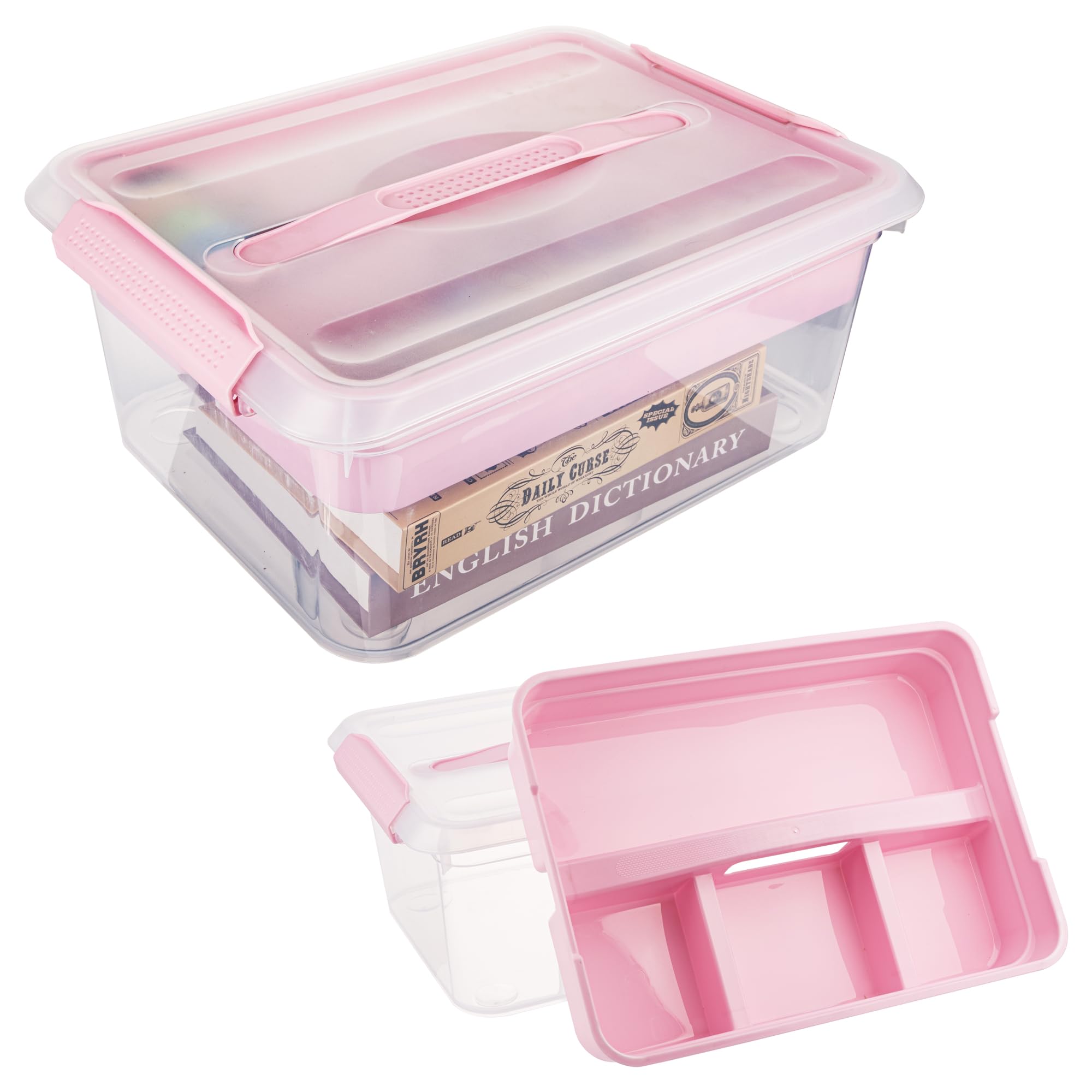 2-Pack Plastic Storage Bins with Lid, 20 QT Playdoh Sorage Box with Frosted Lid & Removable Tray, Pink Multi-Purpose Organizer for Lego, Crafts, Tools, Bead, Sewing