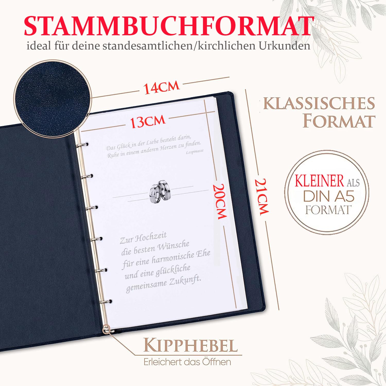 Hochzeit – Hochwertiges Familienstammbuch Velours Blau mit Goldprägung – Sonderformat 13 x 20 cm (kleiner als DIN A5) mit 6-Ring Mechanik für Standesamt Urkunden