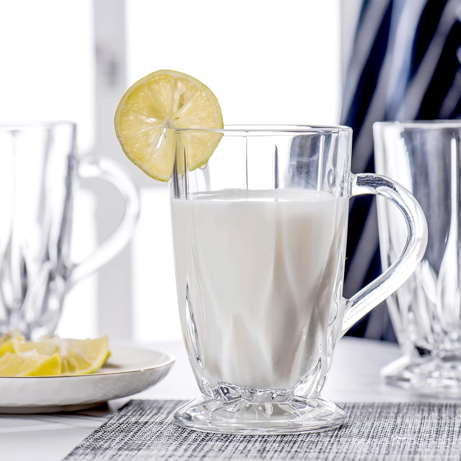 Glass Tea Cups Set of 6 - Clear 9.6 Oz Footed Tea Cups with Handles - Classic Etched Tea Glasses - Image 8