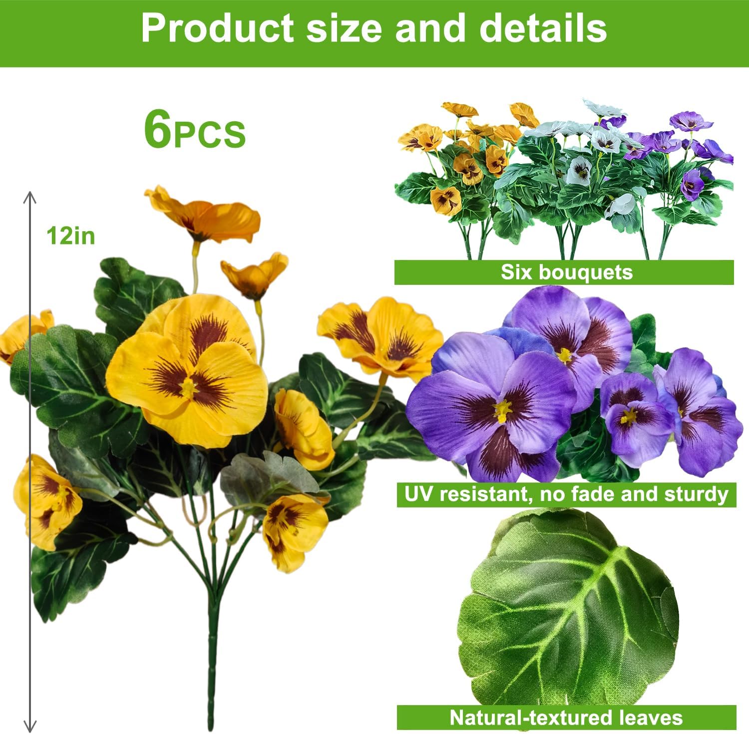 6 Bundles Outdoor Artificial Pansy Flowers - UV Resistant Silk Faux Pansies (Purple, Yellow, White) for Planter, Front Door, Porch, Yard, Patio, Window Box & Home Decor - Image 2
