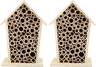 Native Hive Wooden Bee House, Natural Handmade Wooden Bee Box Habitat with Bamboo Tubes,Insect House Shelter for Attracting Peaceful Bee Pollinators (2PCS)