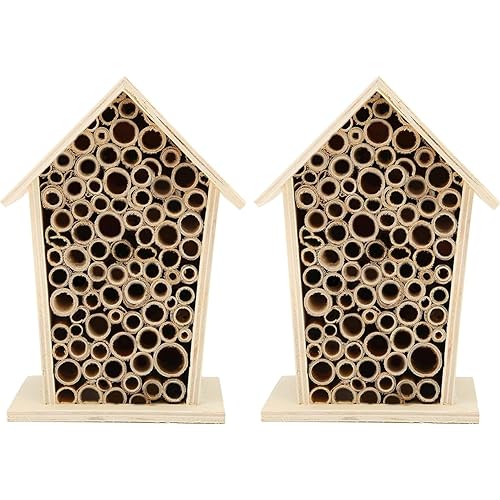 Native Hive Wooden Bee House, Natural Handmade Wooden Bee Box Habitat with Bamboo Tubes,Insect House Shelter for Attracting Peaceful Bee Pollinators (2PCS)