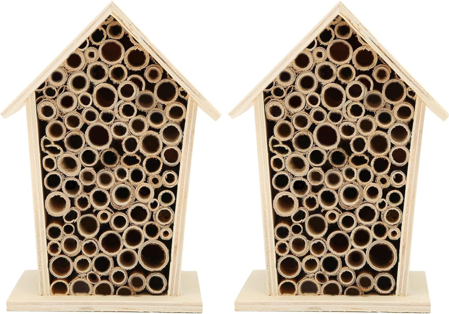 Native Hive Wooden Bee House, Natural Handmade Wooden Bee Box Habitat with Bamboo Tubes,Insect House Shelter for Attracting Peaceful Bee Pollinators (2PCS)