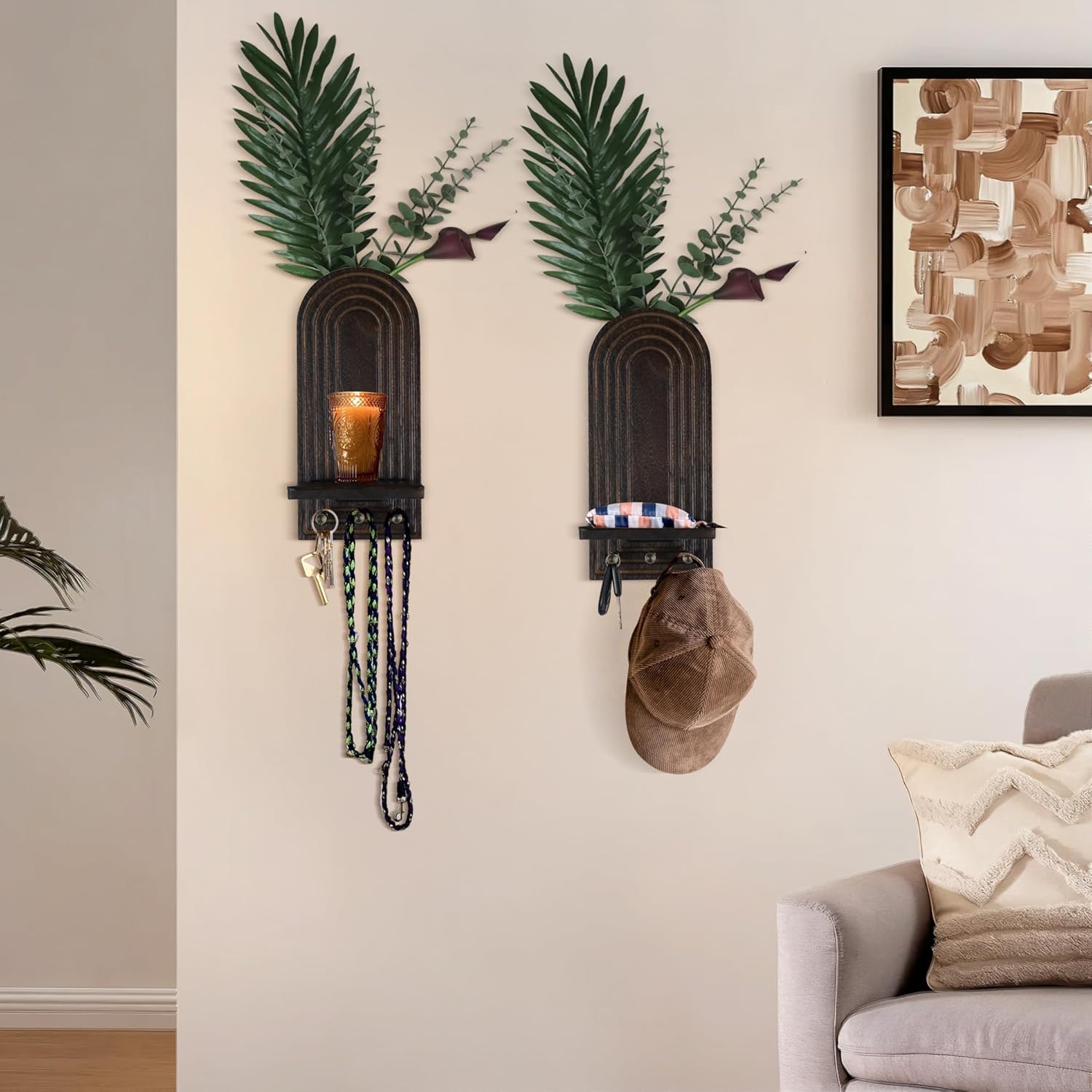 3-in-1 Wooden Wall Organizer - Planter Vase + Candle Sconces + Hooks (No Dried Flower)- Farmhouse Hanging Decor Boho Wall Art for Indoor Plants Artificial Eucalyptus for Living Room Bedroom Brown