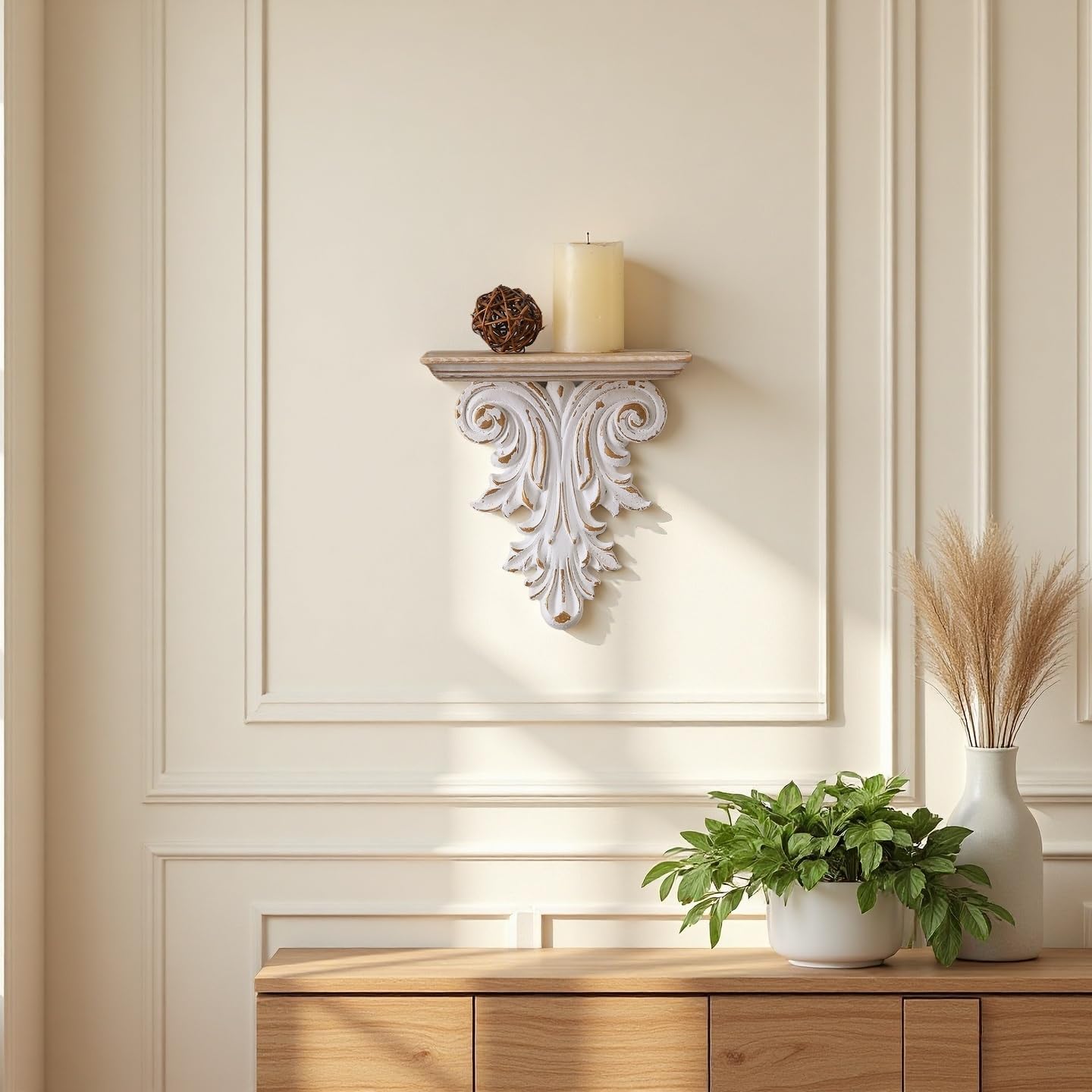 SOFE Vintage Wood Floating Shelf, 7 Inches Wide Rustic White Wall Shelf, Small Wall Mounted Shelves for Bedroom, Living Room, Hallway, Office Decor