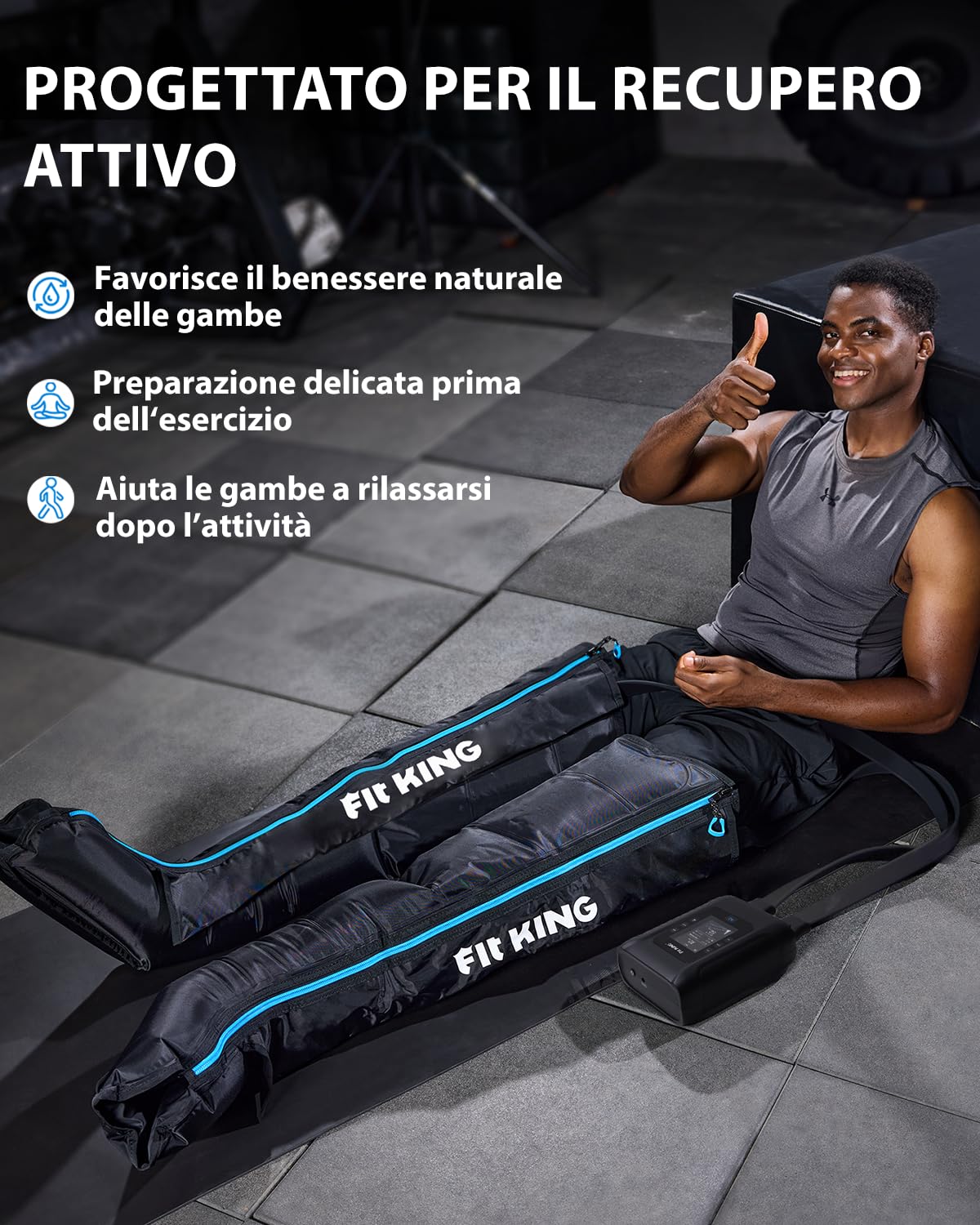 FIT KING Massaggiatore Gambe a Compressione d‘Aria Ricaricabile Senza Fili, Massaggio con 4 Zone Regolabili, 3 Modalità e 12 Intensità, Ideale per Recupero Sportivo e Relax Quotidiano (Medio)