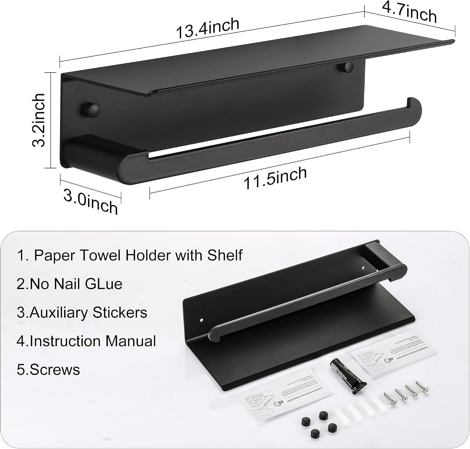 Wall Mount Paper Towel Holder with Shelf, Adhesive Towel Rack Matte Black