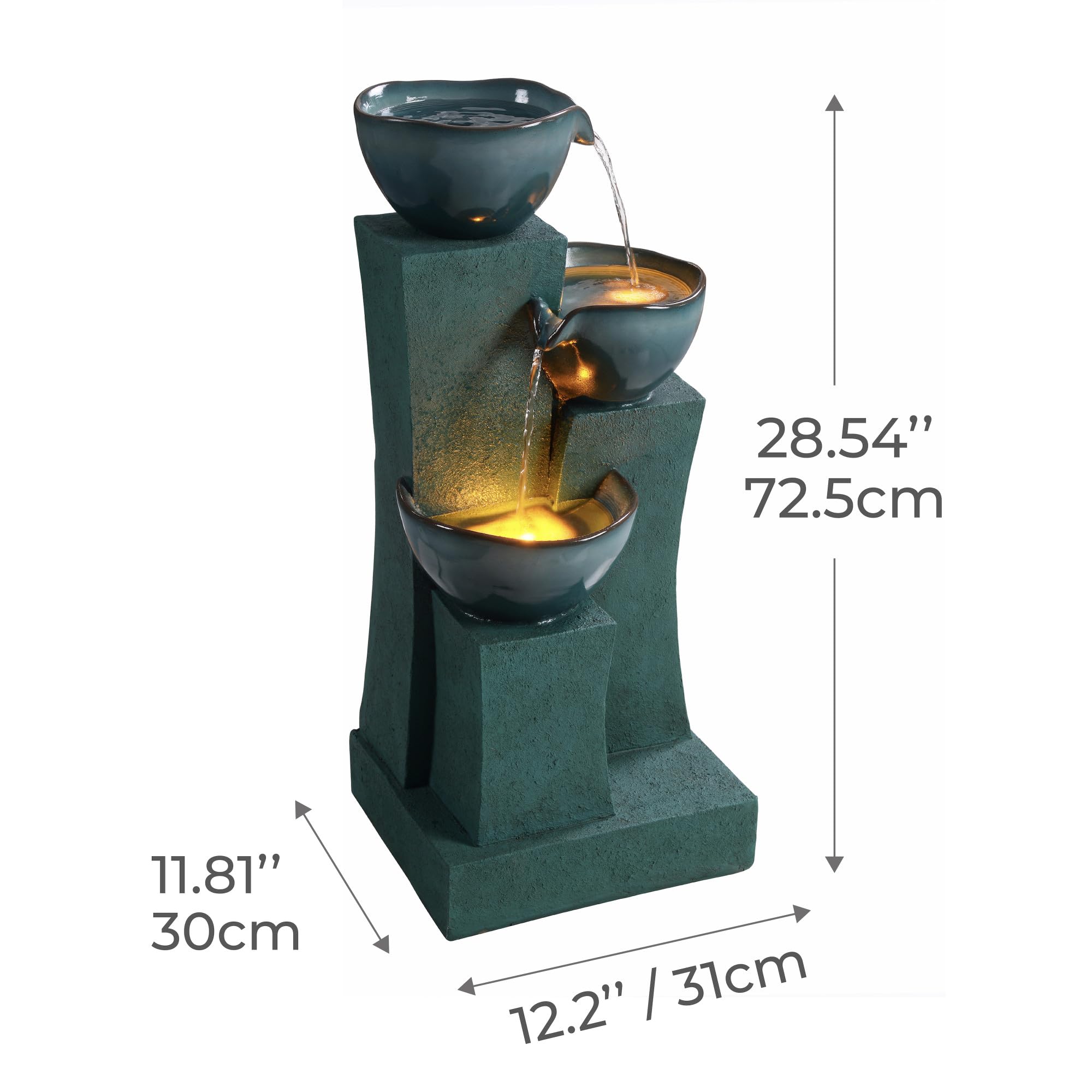 Fuente de Agua Exterior en Cascada de 3 Niveles, 28.54 Pulgadas, con Luces LED, para Jardines, Patios, Balcones, Céspedes, Marca Teamson Home, Verde.