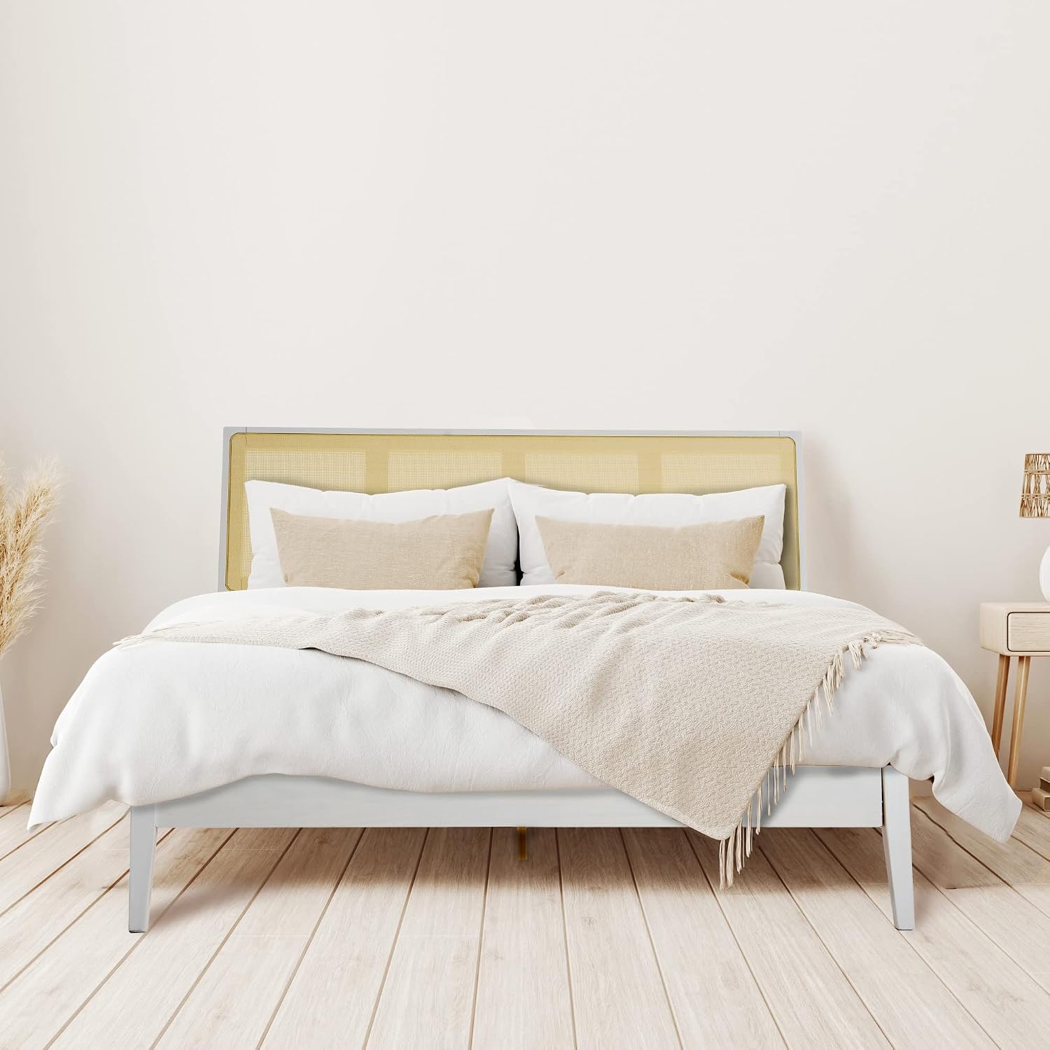 Creative Co-Op Crawford Modern Solid Wood Bed with Woven Cane Headboard, White, Queen