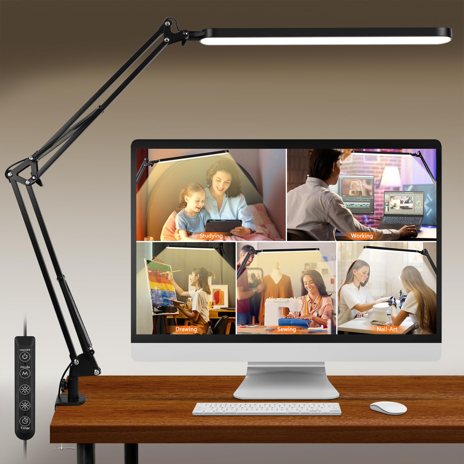 BIENSER New LED Desk Lamp with Clamp, 11 Brightness Levels, 5 Color Modes, 45min Auto Timer, Bigger Swing Arm