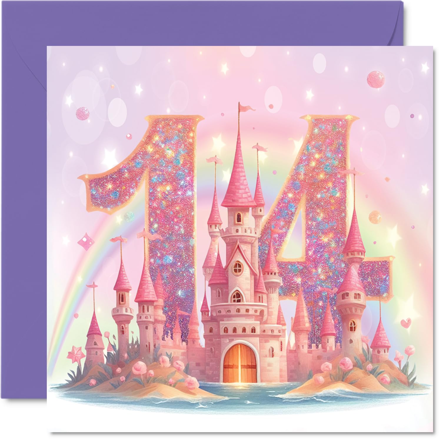 14th Birthday Cards for Girls - Fairy Princess Castle - Happy Birthday Card for 14 Year Old Girl Great Niece Granddaughter Niece Daughter, 145mm Bday Greeting Cards