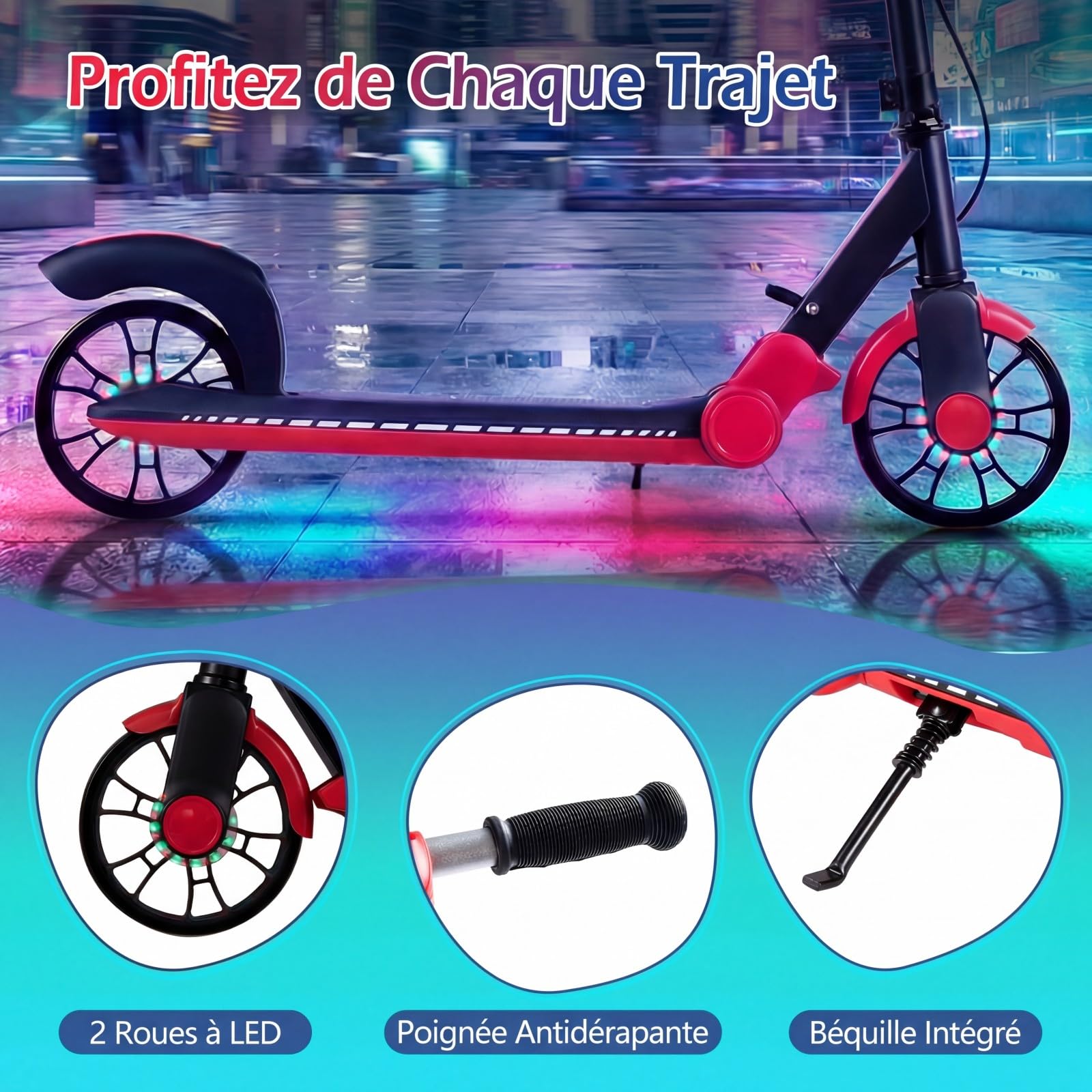 COSTWAY Trottinette Enfant Adultes(Charge Max 100 kg) avec Roues Lumineuse LED 180mm, Trottinette Freestyle Pliable avec Béquille et Guidon Réglable, ABEC-7, Plateforme Antidérapante, 6 Ans+