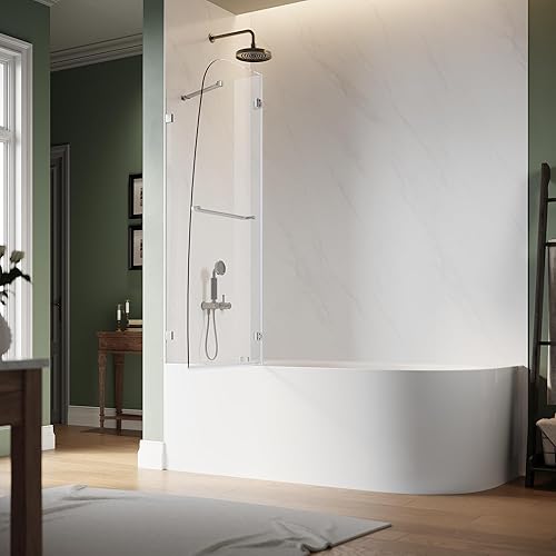 Miniatura 2 de SUNNY Puertas de ducha para bañera de 48 pulgadas de ancho x 58 pulgadas de alto, puerta pivotante con bisagras, puerta de ducha de vidrio de 516