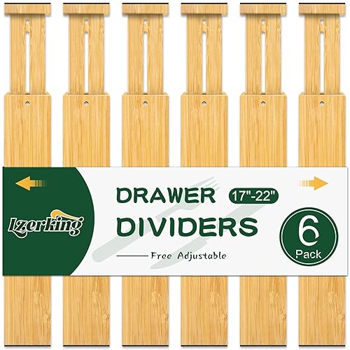Lzerking Kitchen Drawer Dividers 6 Pack, 17-22" Adjustable Bamboo Drawer