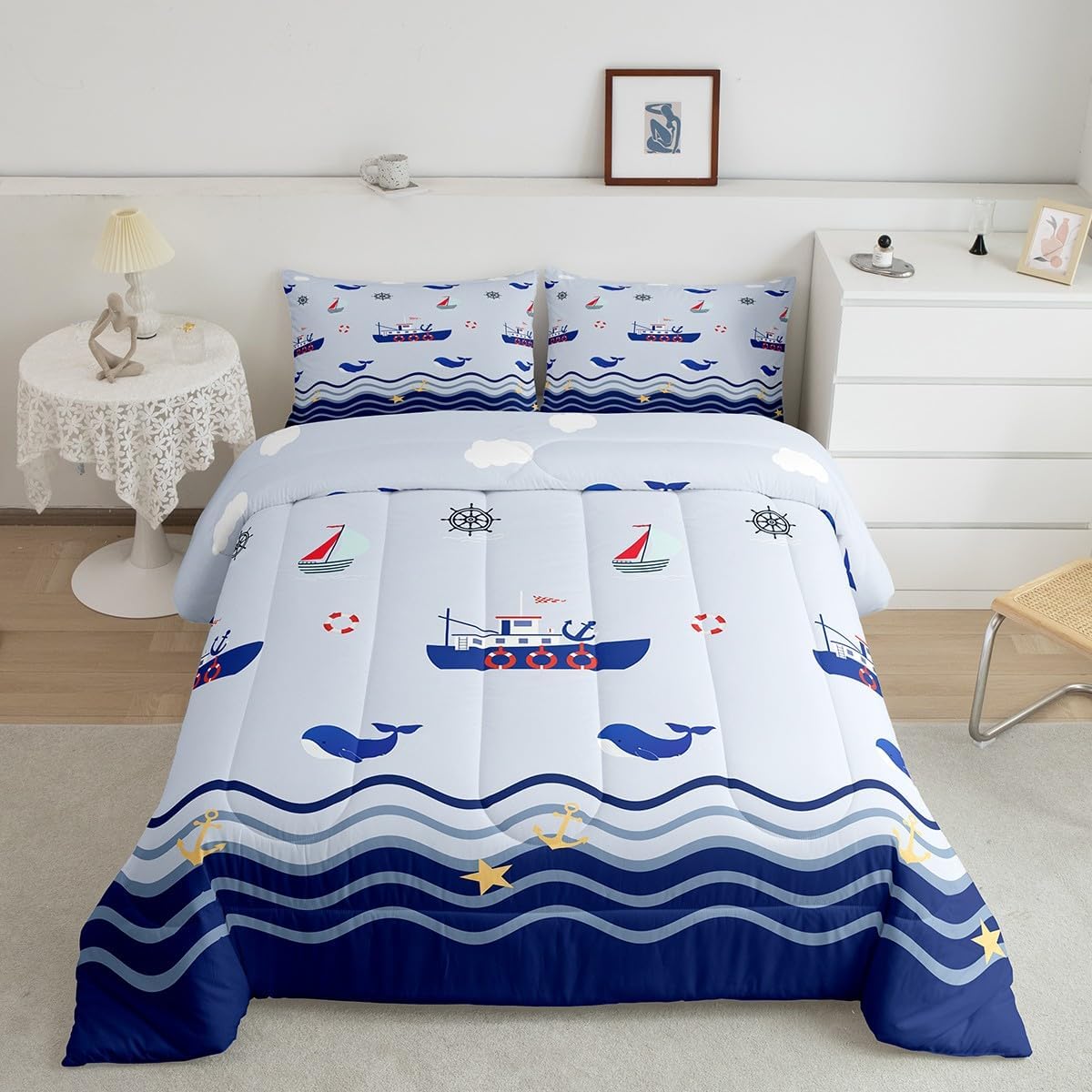 Feelyou Nautical Bedding Set Sailboat Printed Comforter Set Ocean Themed Comforter for Boys Girls Kids Sea Adventure Duvet Set Twin Size with 1 Pillow Case