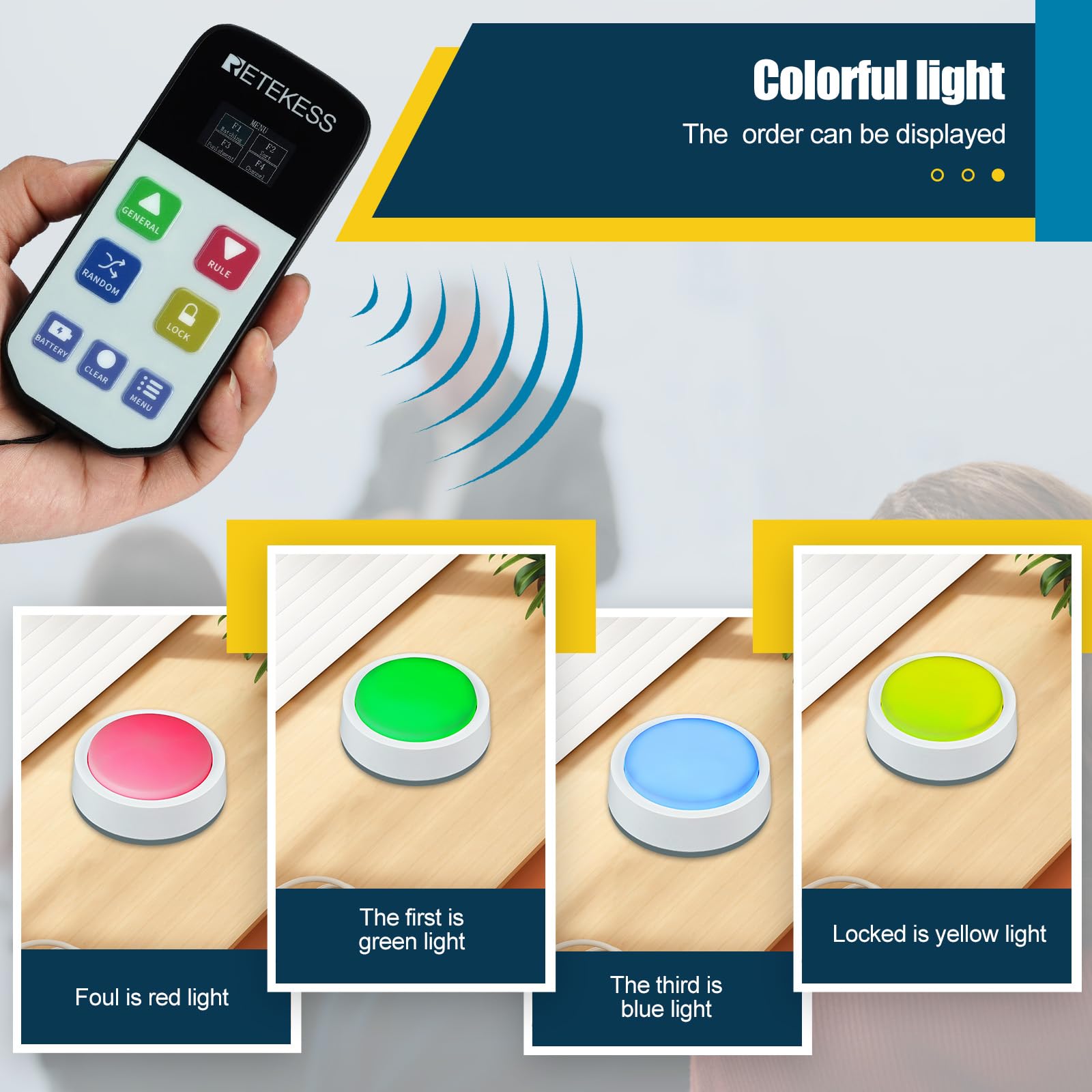 Retekess TM102 Wireless Quiz Buzzer System, Buzzer mit Sound（1-4） | für Schulklassenwettbewerbe, für Quiztests, 3 Reaktionsmodi, Countdown Modus, Zufallsmodus, Batteriewarnung