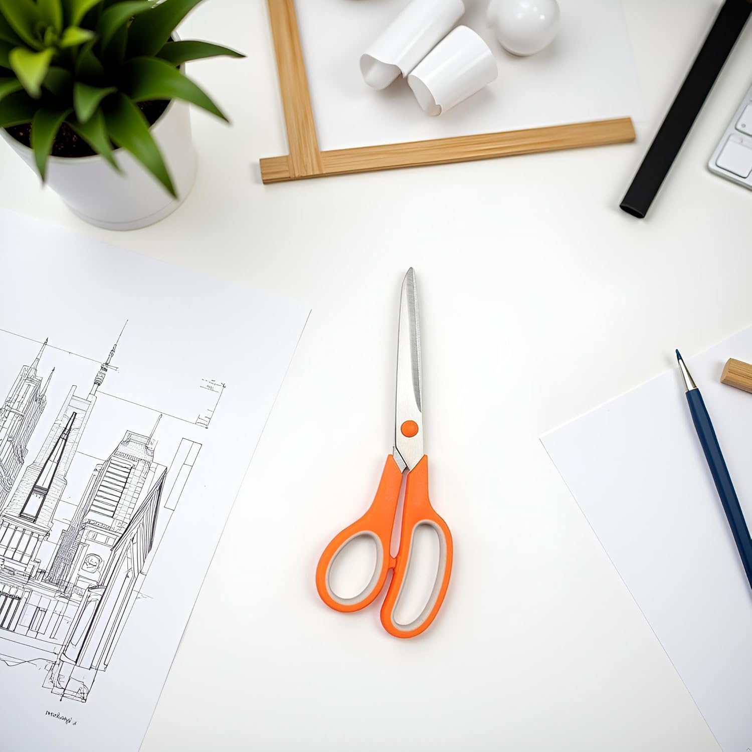 2Pcs Orange 8" Student Scissors, Multifunctional Scissors, Professional Stainless Steel Comfort Grip, Handmade Projects Suitable for Students, Comfort Right/Left Handed Cutting and Measuring Devices