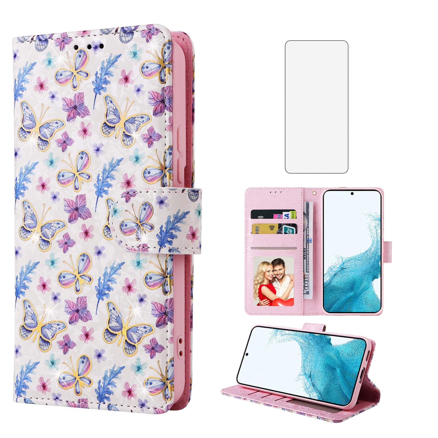 Asuwish Phone Case for Samsung Galaxy S22 5G Wallet Cell Flip Cover with Tempered Glass Screen Protector Flower Card Holder Slot Stand Lanyard Rugged