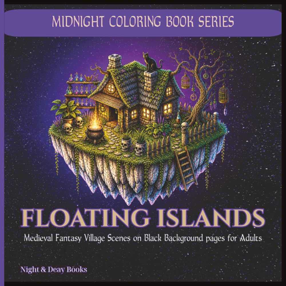 MIDNIGHT COLORING BOOK: FLOATING ISLANDS: Medieval Fantasy Village Scenes on Black Background Pages for Adults