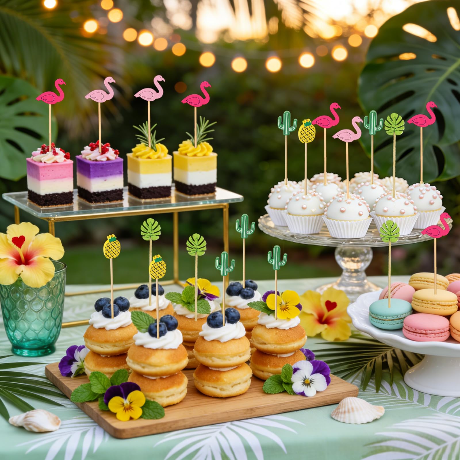 100 Palillos para Aperitivos Verano, Pinchos para Aperitivos Hawai, Palillos de Cóctel de Madera, Decoraciones Cócteles Graciosos, Decoración de Fiestas para Fruta, Postres, Tartas (Farbe-A)
