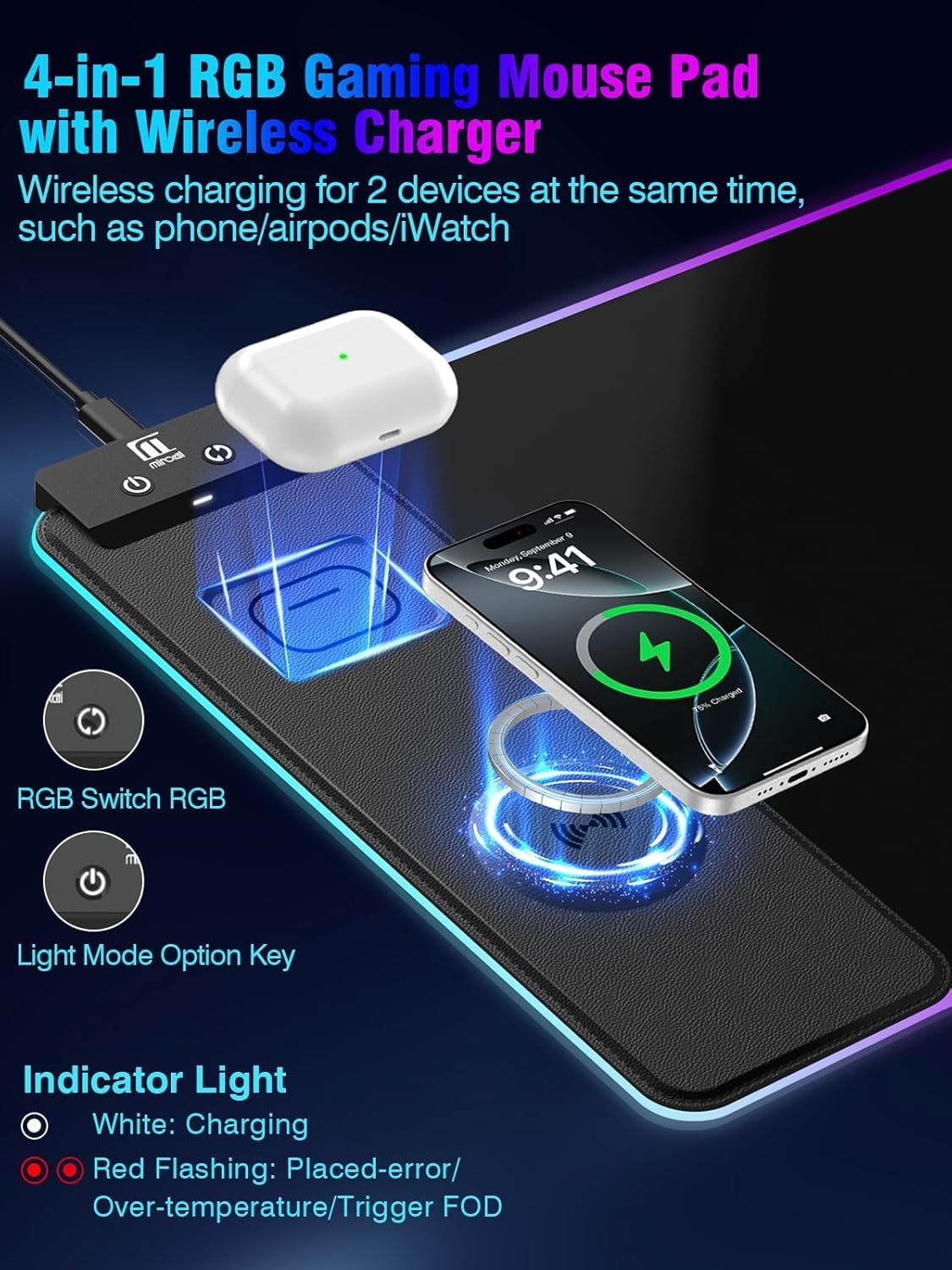 Tappetino per mouse con ricarica wireless magnetica, grande protezione da scrivania, tappetino per mouse nero RGB con caricabatterie rapido da 15 W, spessore 4 mm, antiscivolo, tappetino da scrittura