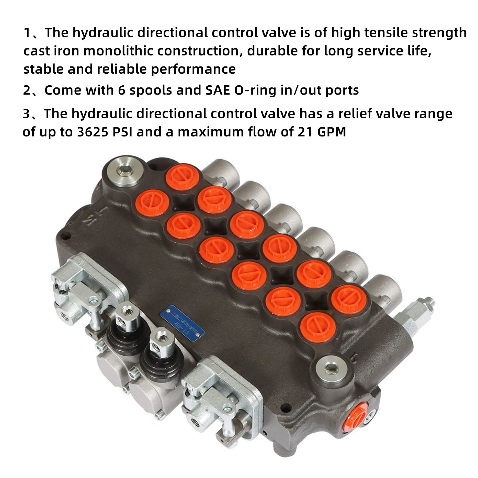 Vanne monobloc de commande hydraulique directionnelle à double effet, 6 ports SAE à 6 bobines de 21 gpm, 2 joysticks, vanne de commande directionnelle hydraulique de 3625 psi adaptée aux petits trac