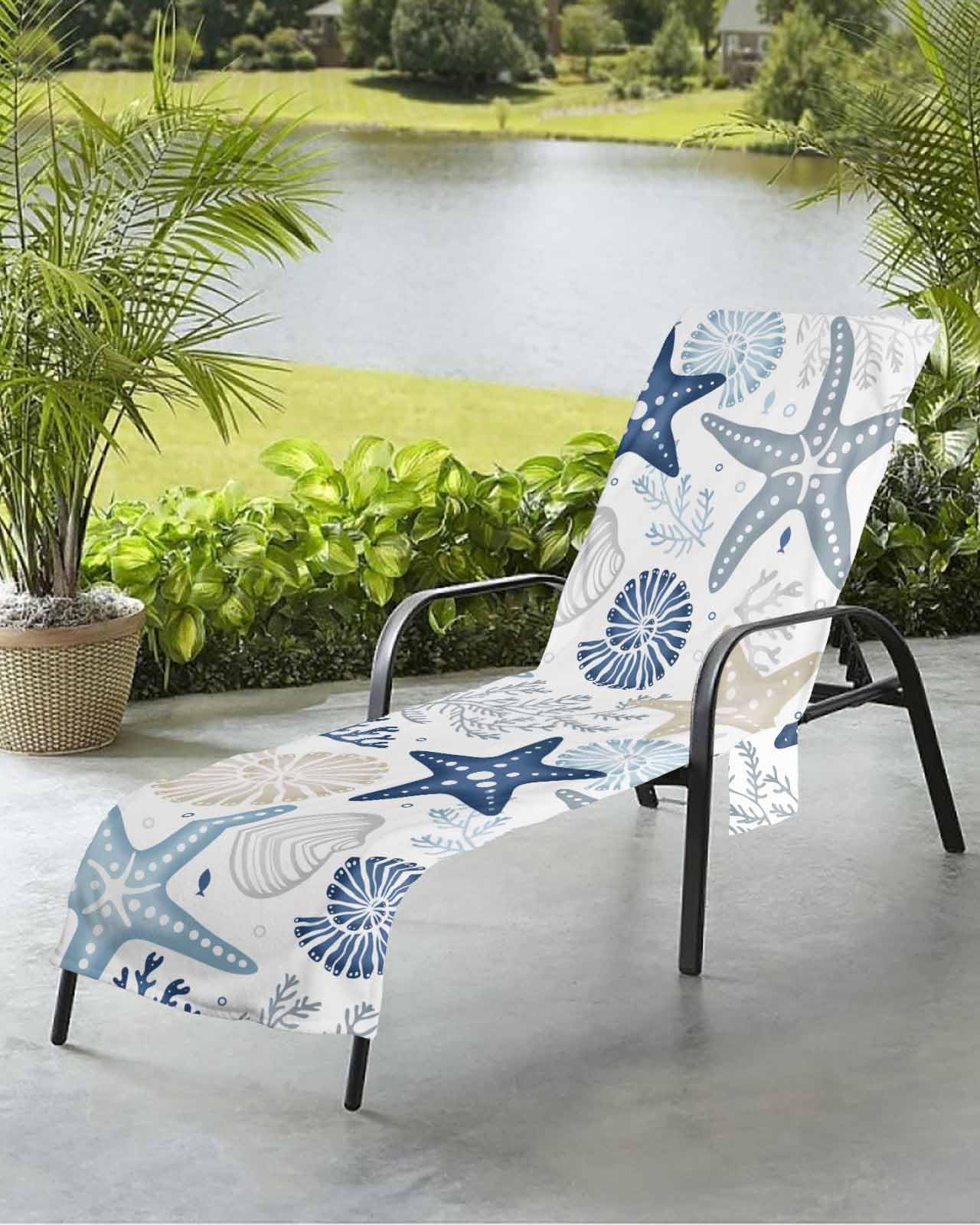 Starfish Blue Beach Chair Towel Covers for Chaise Lounge with Side Pocket, Soft Plush Pool Towels Cover for Patio Sunbathing Outdoor Coastal Conch Ocean Coral Fish Brown 29''x85''