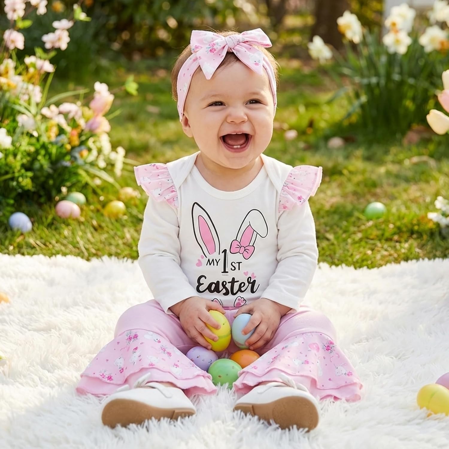Lamuusaa Newborn Baby Girl Easter Outfit My 1st Easter Romper Ruffle Bunny Onesie Flared Pants Headband Easter Clothes 0-18M - Image 2