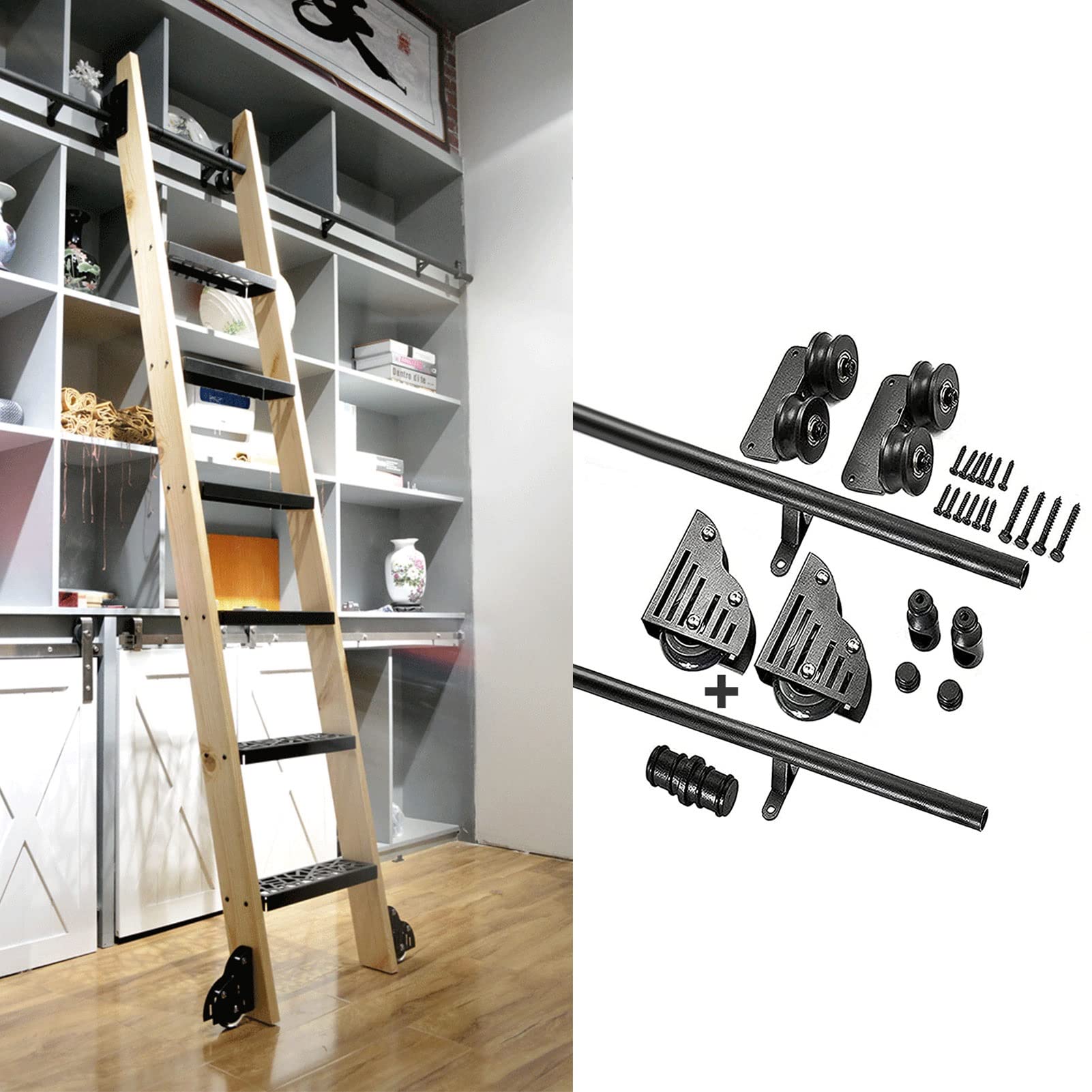 Kit de porte de grange coulissante MiroDo et rails d'échelle mobiles de bibliothèque noire