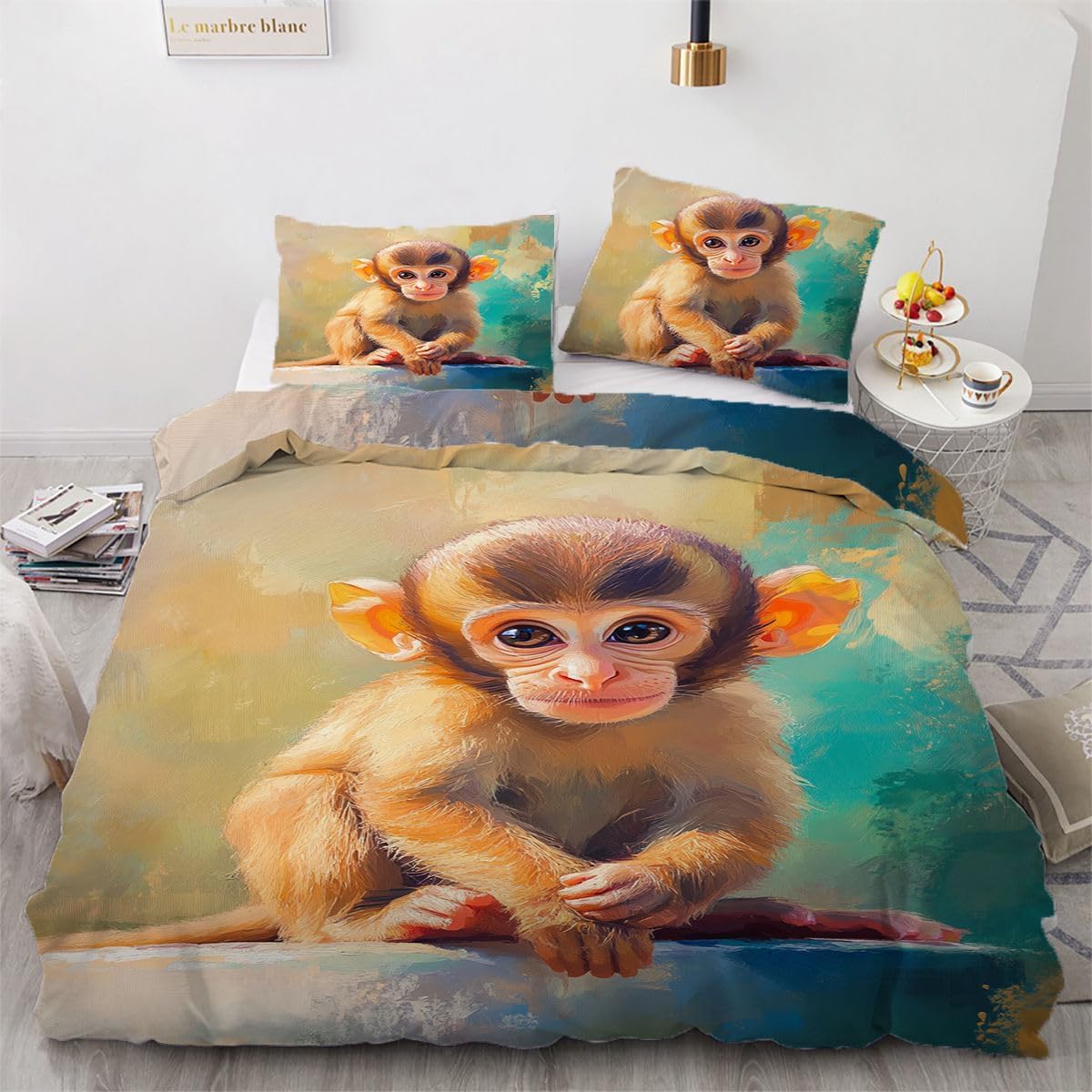 NDXRWDZR King Size Duvet Set Cute Monkey Duvet Cover with Zipper Closure Bedding Set for Aldults Kids Soft Hypoallergenic Microfiber Quilt Cover 230x220 cm + 2 Pillowcases 50x75 cm