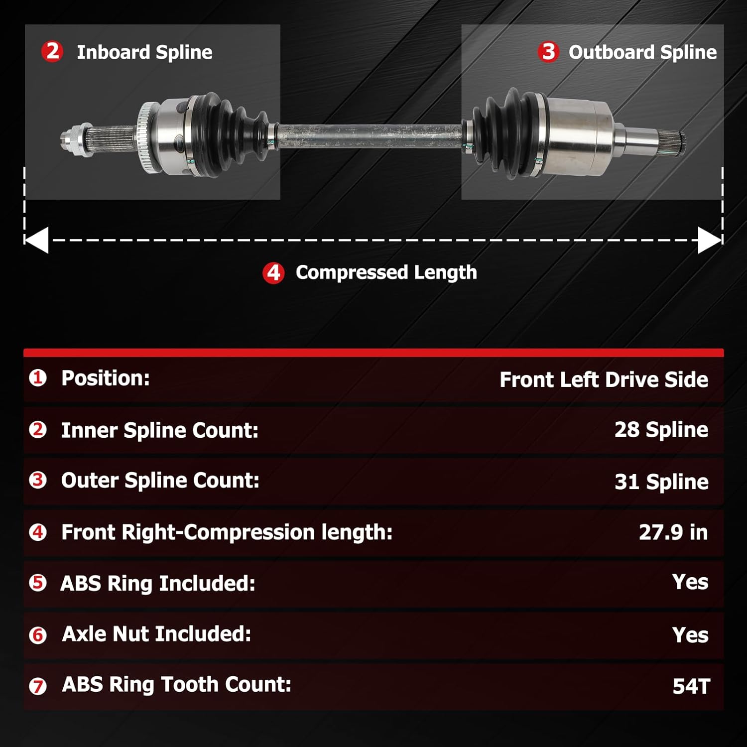Front Left CV Axle Shaft for Hyundai for Entourage 2007-2008 for Kia for Sedona 2006-2010, 66-8159 CV Joint Shaft