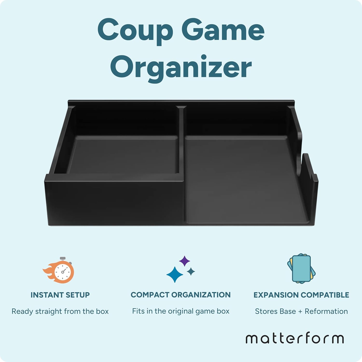 Coup Organizer Insert | Box Storage & Tabletop Card Holder for Coup & Reformation Expansion | Fast Setup Card & Token Tray | Board Game Box Insert Compatible with Indie Card Game Coup