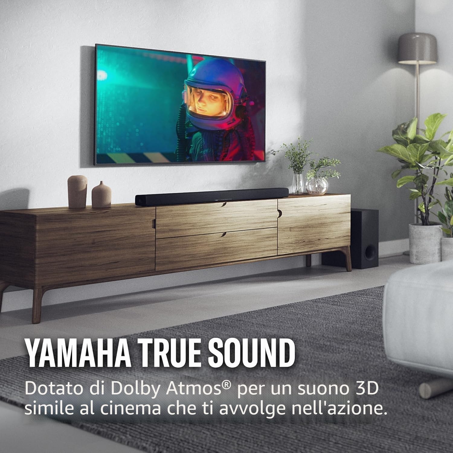 YAMAHA TRUE X BAR 50A Soundbar – Audio Surround Dolby Atmos, Alexa Integrata, Subwoofer Wireless, Clear Voice, HDMI eARC, Bluetooth, AirPlay 2, Spotify Connect – Nero