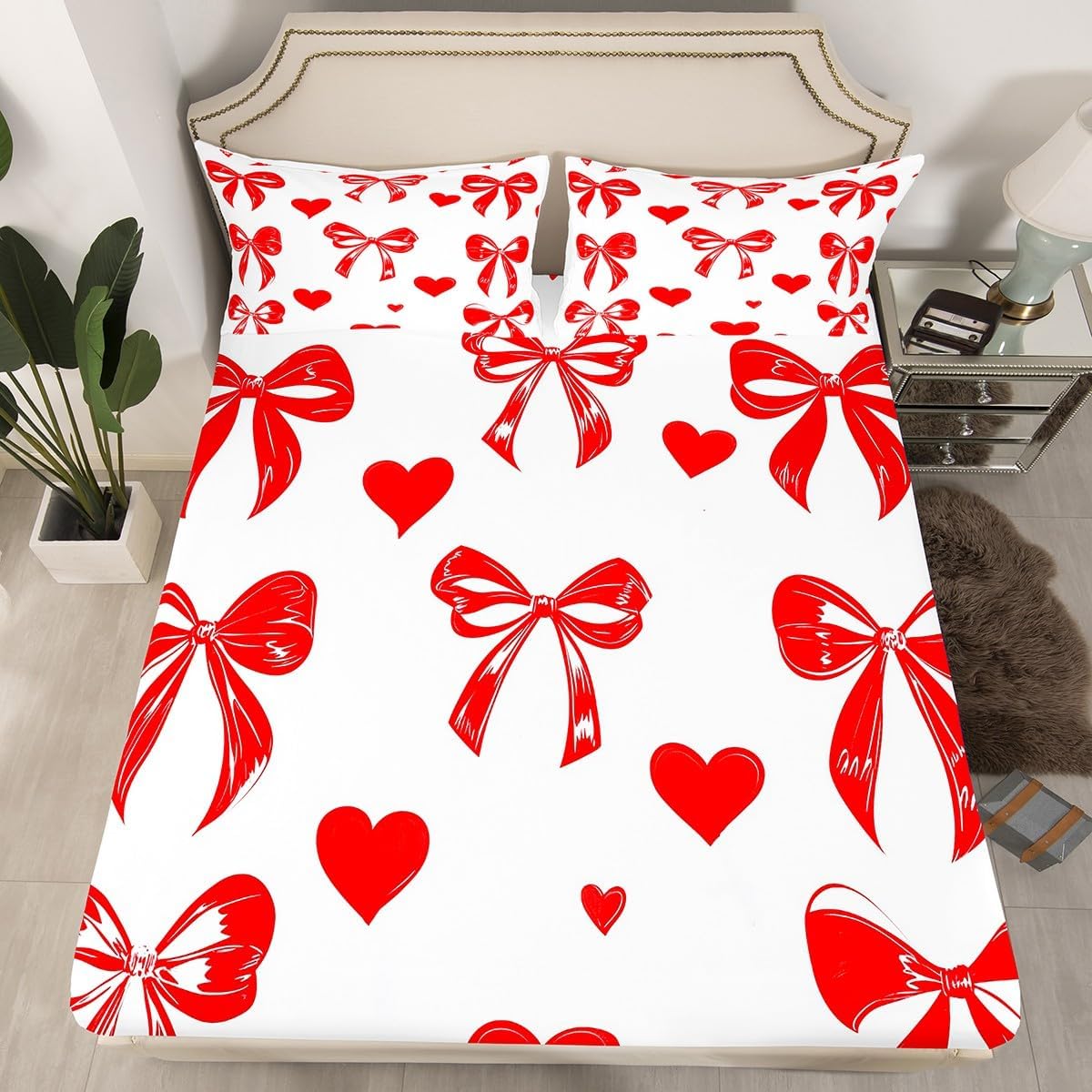 Pink Bowknot Fitted Sheet Full Size Stripes Bed Sheets Bow Star Print Bed Set Dreamy Princess Style Bedding Sets Bow-Tie Room Decor