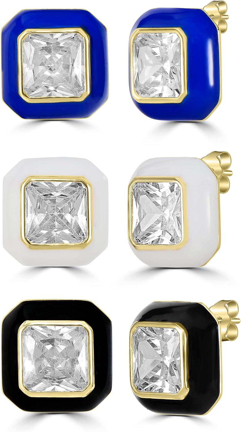 Bob Mackie Jewelry Gold over Brass White Cubic Zirconia Stud Earrings, Set of 4 Colors
