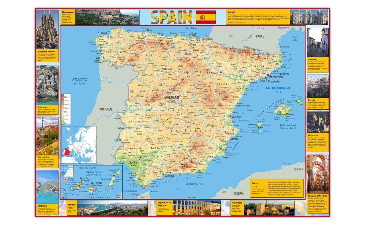 Illustrated Map of Spain - Size A2-59.4 x 42cm - Paper Laminated
