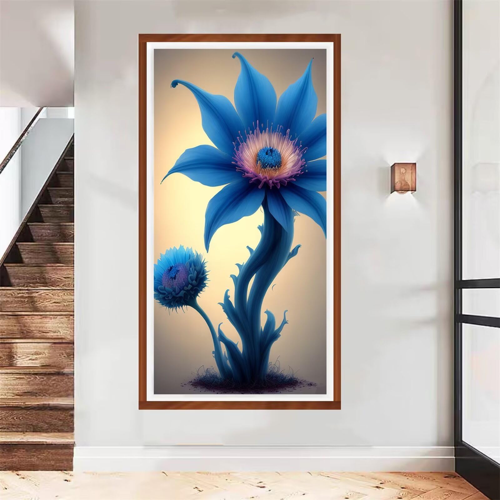 Fleur bleue peinture diamant pour une deco murale de salon zen