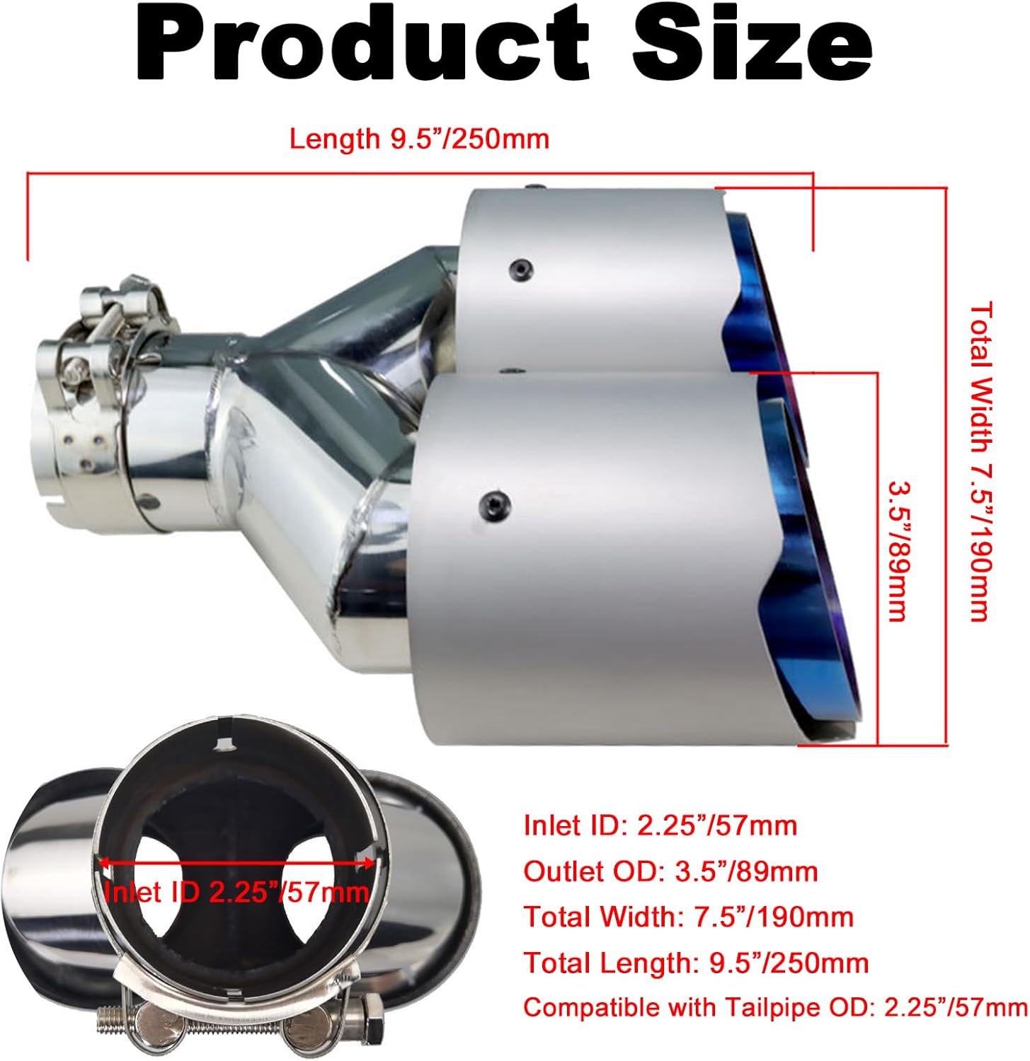 Vechkom Dual Exhaust Tips - 2.25" Inlet 3.5" Outlet 9.5" Length Stainless Steel Muffler Tip Tail Pipe Blue Baked & Silver Matte Double Wall Slant Edge Bolt-On Universal Fit for 2.25" OD Car Tailpipe