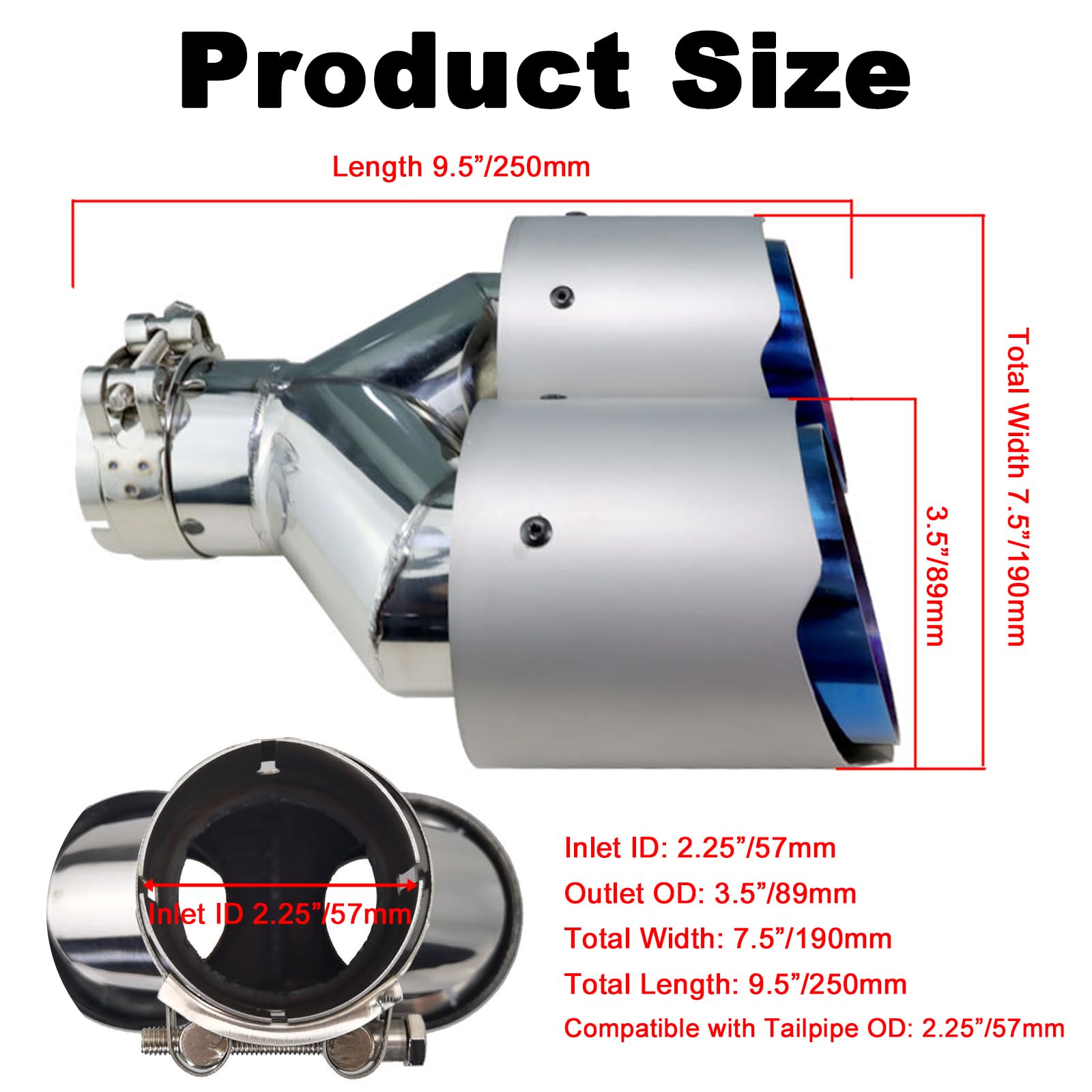 2.25" Tubo de Escape​​ Doble Salida - ​​Punta Cola de Coche​​ de Acero Inoxidable ​​Silenciador​​ Modificado 2.25" a 3.5" Diseño Bicolor (Azul/Plateado) Instalación Bolt-On para Autos