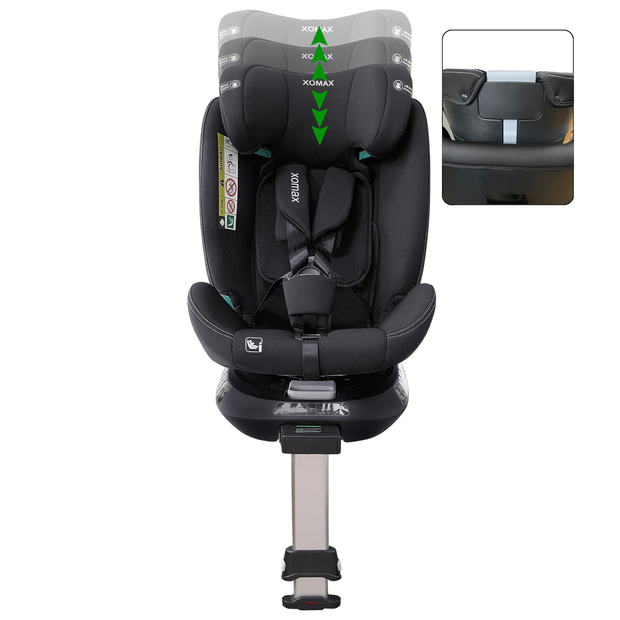 XOMAX G409 - Seggiolino girevole a 360°, base ISOFIX I con crescita, 0 – 36 kg, 0 – 12 anni, gruppo 0+/1/2/3, cintura a 5 punti, cintura a 3 punti, rivestimento lavabile I ECE R129