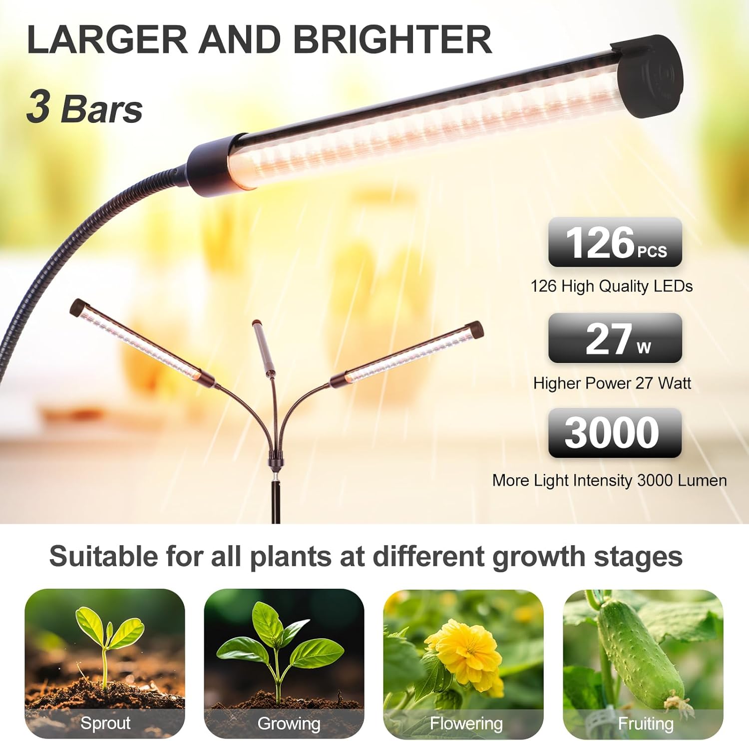 FECiDA 2026 3Head Grow Lights with Upgraded Stand, Standing Grow Lights for Indoor Tall Plants, Bonsai Tree, 4/8/12/16/20 Hr Timer, 27 Watt Power Draw, NO Need Adapter, 24"-72" Height Adjustable