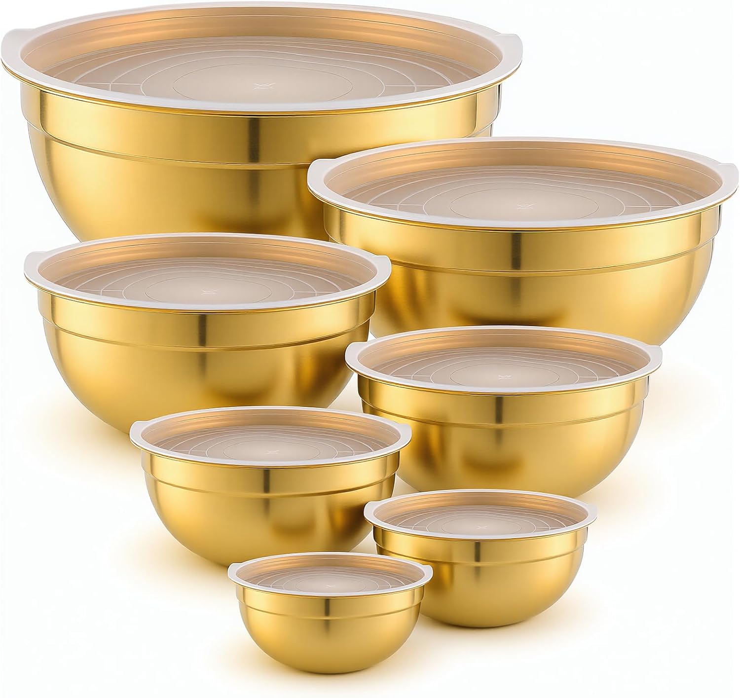 SHENLIU 7 Pcs Gold Mixing Bowls with Airtight Lids, Stainless Steel Mixing Bowls Metal Nesting Organizers for Baking, Prepping and Serving Food, Non-slip Bottom Size 7, 3.6, 2.7, 2.1, 1.5, 1.1, 0.8Qt