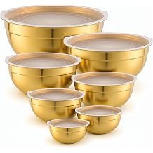 SHENLIU 7 Pcs Gold Mixing Bowls with Airtight Lids, Stainless Steel Mixing Bowls Metal Nesting Organizers for Baking, Prepping and Serving Food, Non-slip Bottom Size 7, 3.6, 2.7, 2.1, 1.5, 1.1, 0.8Qt
